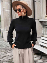 Load image into Gallery viewer, Mock Neck Ribbed Lantern Sleeve Pullover Sweater
