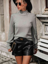 Load image into Gallery viewer, Mock Neck Ribbed Lantern Sleeve Pullover Sweater