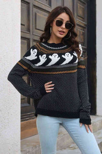 Spooky Ribbed Round Neck Long Sleeve Pullover Sweater