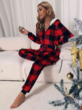 Load image into Gallery viewer, Plaid Zip Front Long Sleeve Hooded Christmas Lounge Jumpsuit