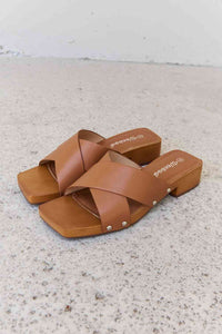 Weeboo Step Into Summer Criss Cross Wooden Clog Mule in Brown Sandals