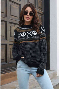 Spooky Ribbed Round Neck Long Sleeve Pullover Sweater