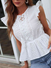 Load image into Gallery viewer, Notched Neck Flutter Sleeve Eyelet Blouse