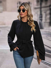 Load image into Gallery viewer, Round Neck Tie Waist Long Sleeve Blouse