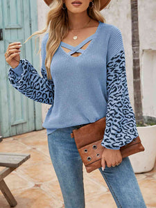 Leopard Crisscross V-Neck Sweater