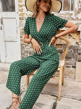 Load image into Gallery viewer, Polka Dot Belted Flounce Sleeve Jumpsuit with Pockets