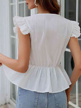 Load image into Gallery viewer, Notched Neck Flutter Sleeve Eyelet Blouse