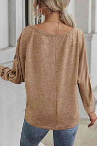 Boat Neck Buttoned Long Sleeve Top Blouse