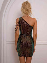 Load image into Gallery viewer, Sequin Rhinestone Chain Detail One-Shoulder Bodycon Dress