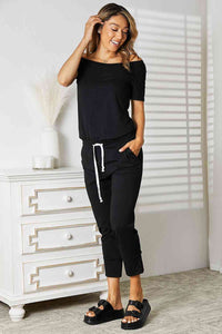 Double Take Asymmetrical Neck Tied Jumpsuit with Pockets