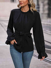 Load image into Gallery viewer, Round Neck Tie Waist Long Sleeve Blouse