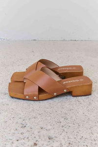 Weeboo Step Into Summer Criss Cross Wooden Clog Mule in Brown Sandals