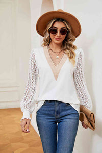 Contrast V-Neck Long Sleeve Blouse