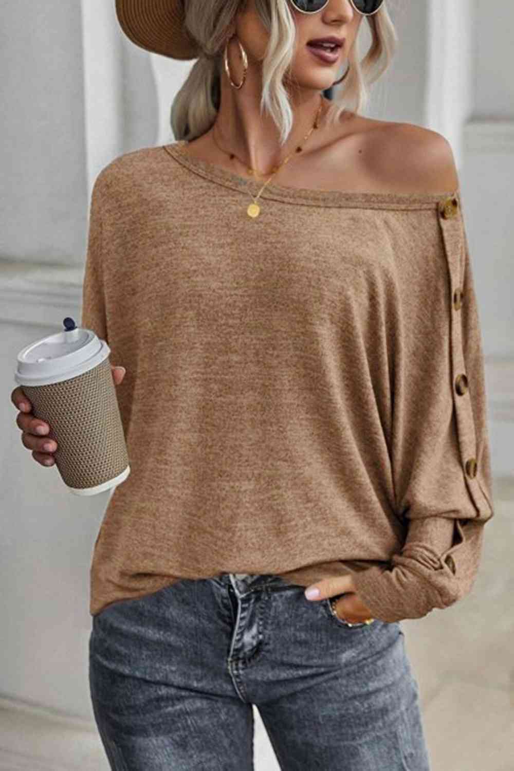 Boat Neck Buttoned Long Sleeve Top Blouse