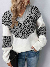 Load image into Gallery viewer, Leopard V-Neck Dropped Shoulder Sweater