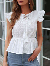 Load image into Gallery viewer, Notched Neck Flutter Sleeve Eyelet Blouse