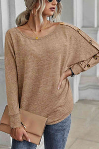 Boat Neck Buttoned Long Sleeve Top Blouse