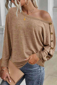 Boat Neck Buttoned Long Sleeve Top Blouse