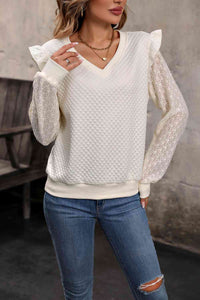 V-Neck Ruffle Trim Long Sleeve Top