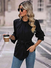 Load image into Gallery viewer, Round Neck Tie Waist Long Sleeve Blouse