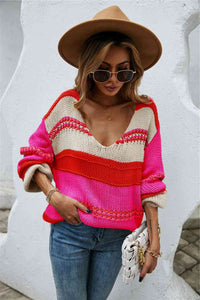 Color Block Scoop Neck Dropped Shoulder Sweater