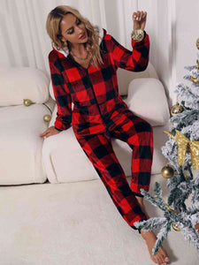 Plaid Zip Front Long Sleeve Hooded Christmas Lounge Jumpsuit