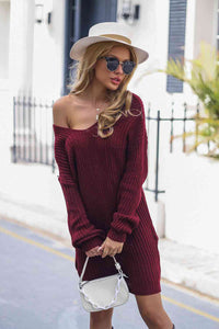 V-Neck Rib-Knit Sweater Dress