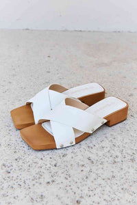 Weeboo Step Into Summer Criss Cross Wooden Clog Mule in White Sandals