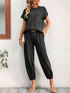 Round Neck Raglan Sleeve Tee and Long Pants Set