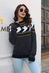 Spooky Ribbed Round Neck Long Sleeve Pullover Sweater