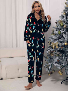 Zip Front Hooded Christmas Lounge Jumpsuit with Pockets